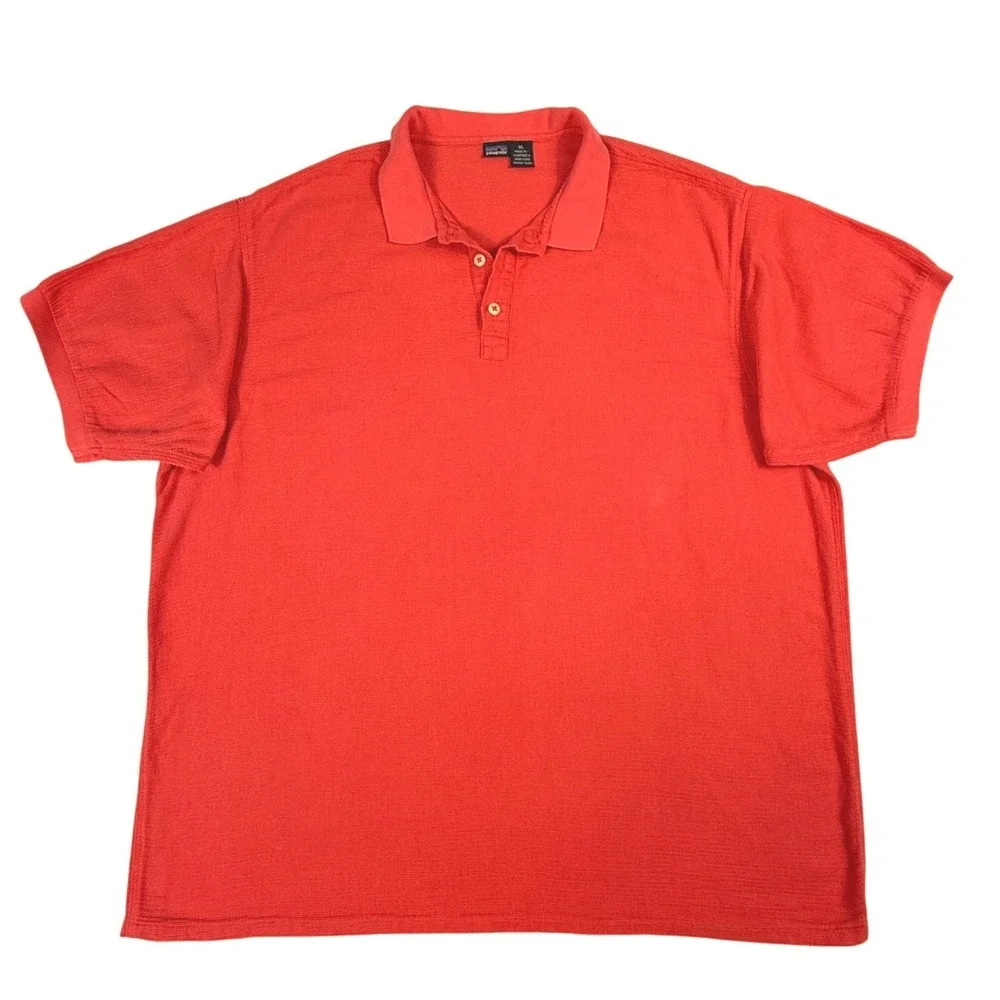 Patagonia Coral Red Short Sleeve Cotton Textured Waffle Knit Polo Shirt‎ Mens XL